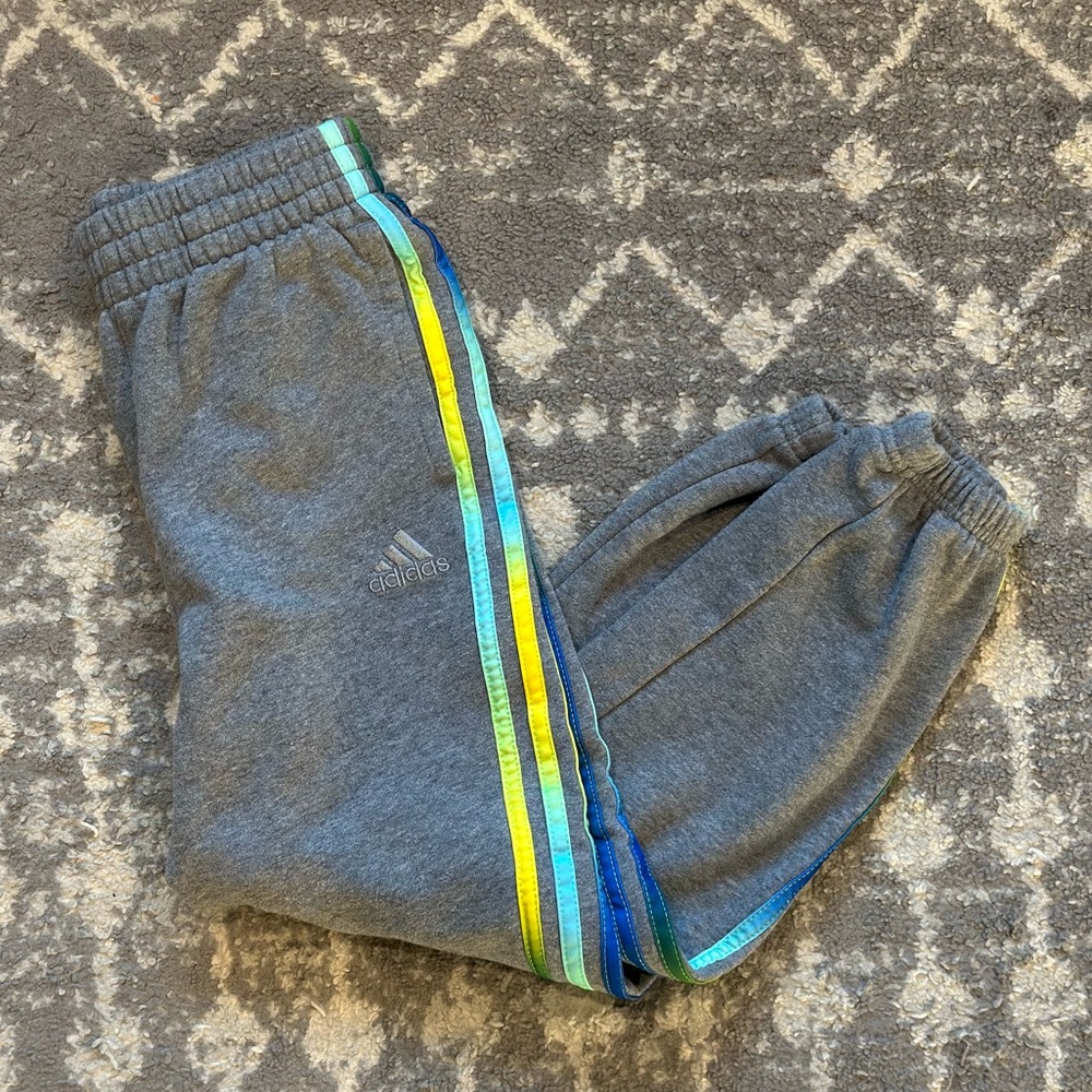 Adidas Kids Gray Joggers with Blue and Yellow Stripes